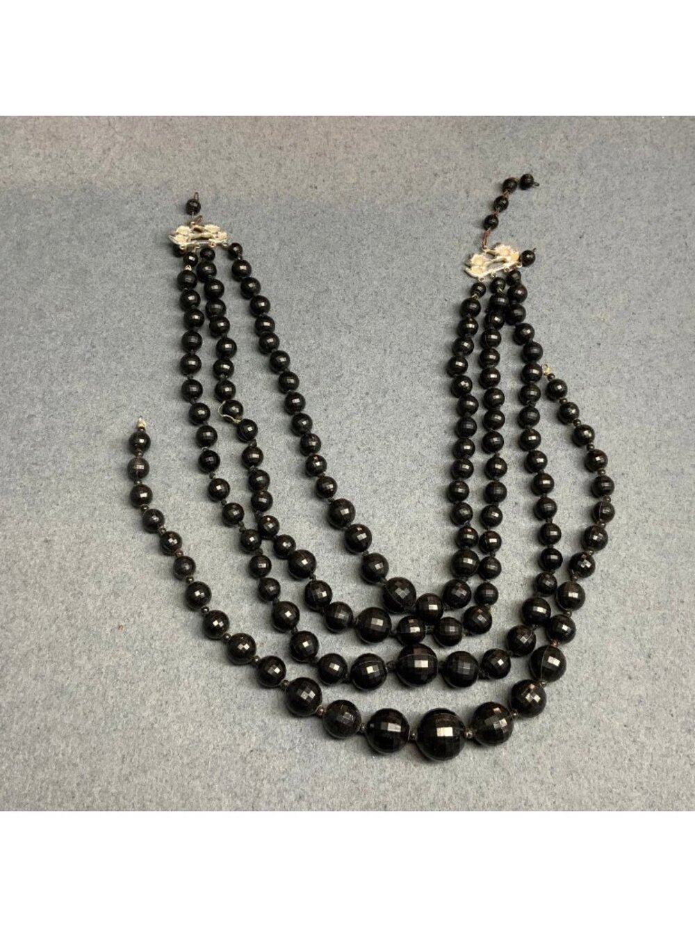 Vintage Multi Strand Necklace 13 In As Is Faceted Black Beads Silver Flower